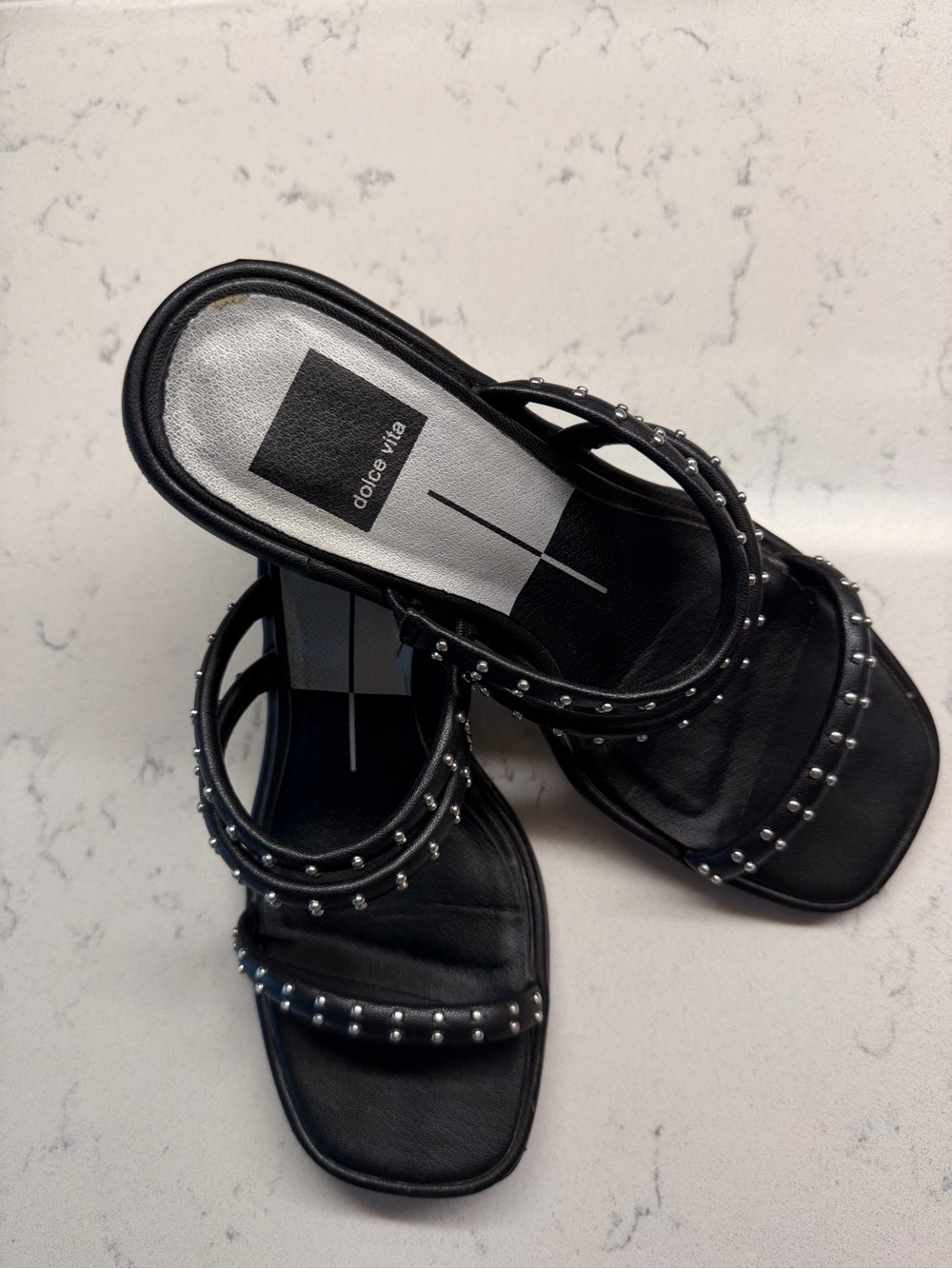 Dolce Vita Black Studded Triple-Strap Block Heel Slides - Picture 3 of 7